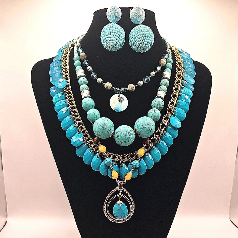 Turquoise Color Boho Motif Necklace & Earrings Lot